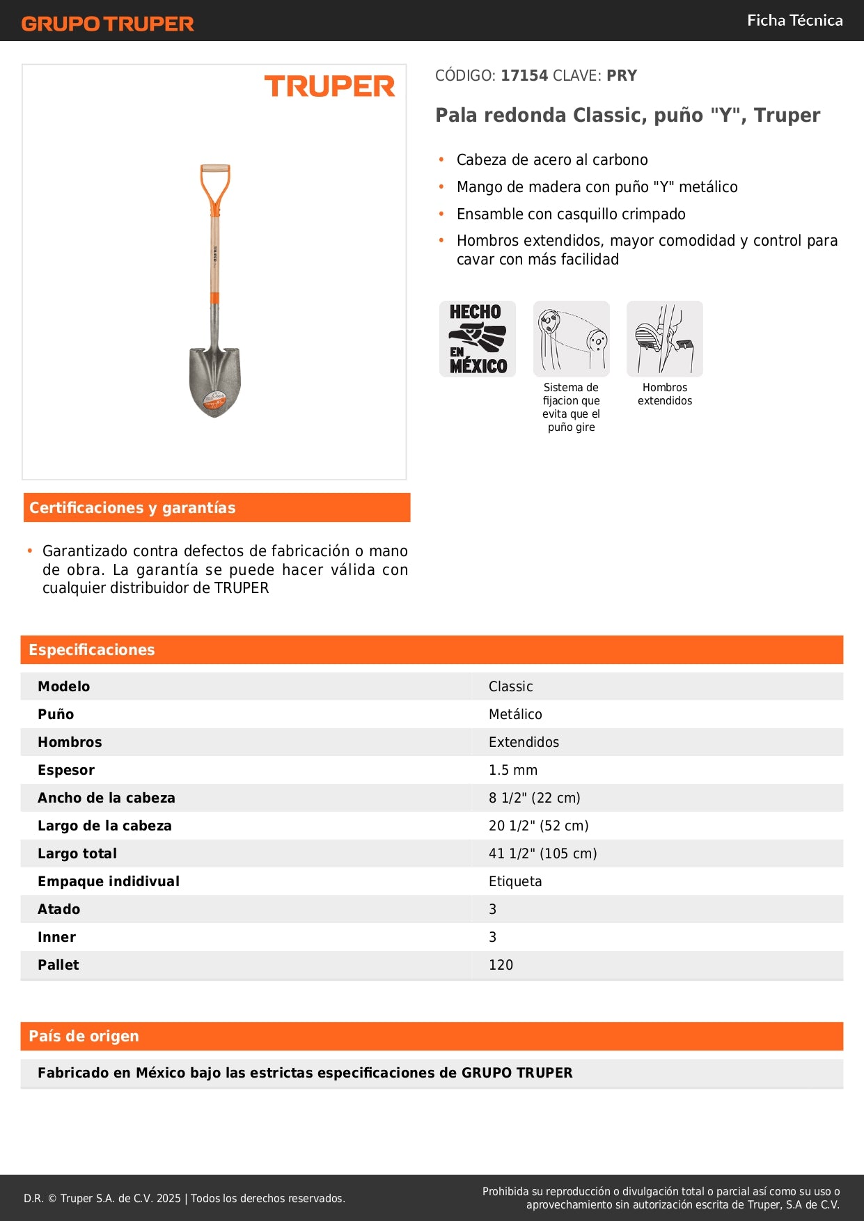Pala Redonda Classic Truper PRY - Acero Carbono Puño Y Metálico - Solución Profesional para Excavación y Jardinería