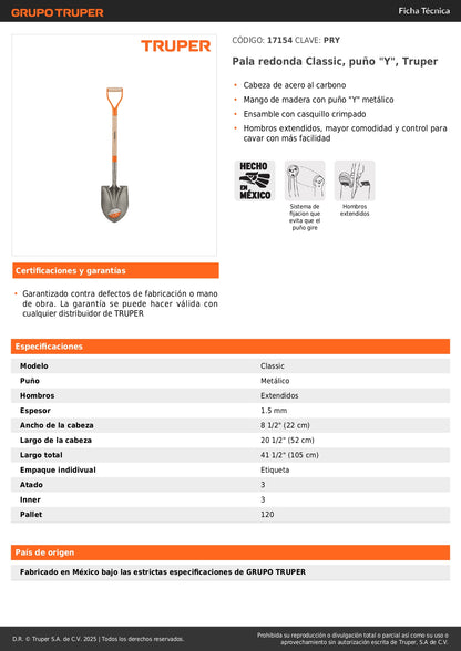 Pala Redonda Classic Truper PRY - Acero Carbono Puño Y Metálico - Solución Profesional para Excavación y Jardinería