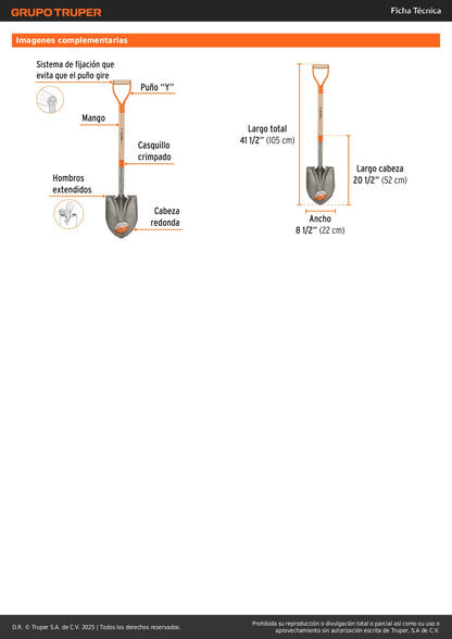 Pala Redonda Classic Truper PRY - Acero Carbono Puño Y Metálico - Solución Profesional para Excavación y Jardinería
