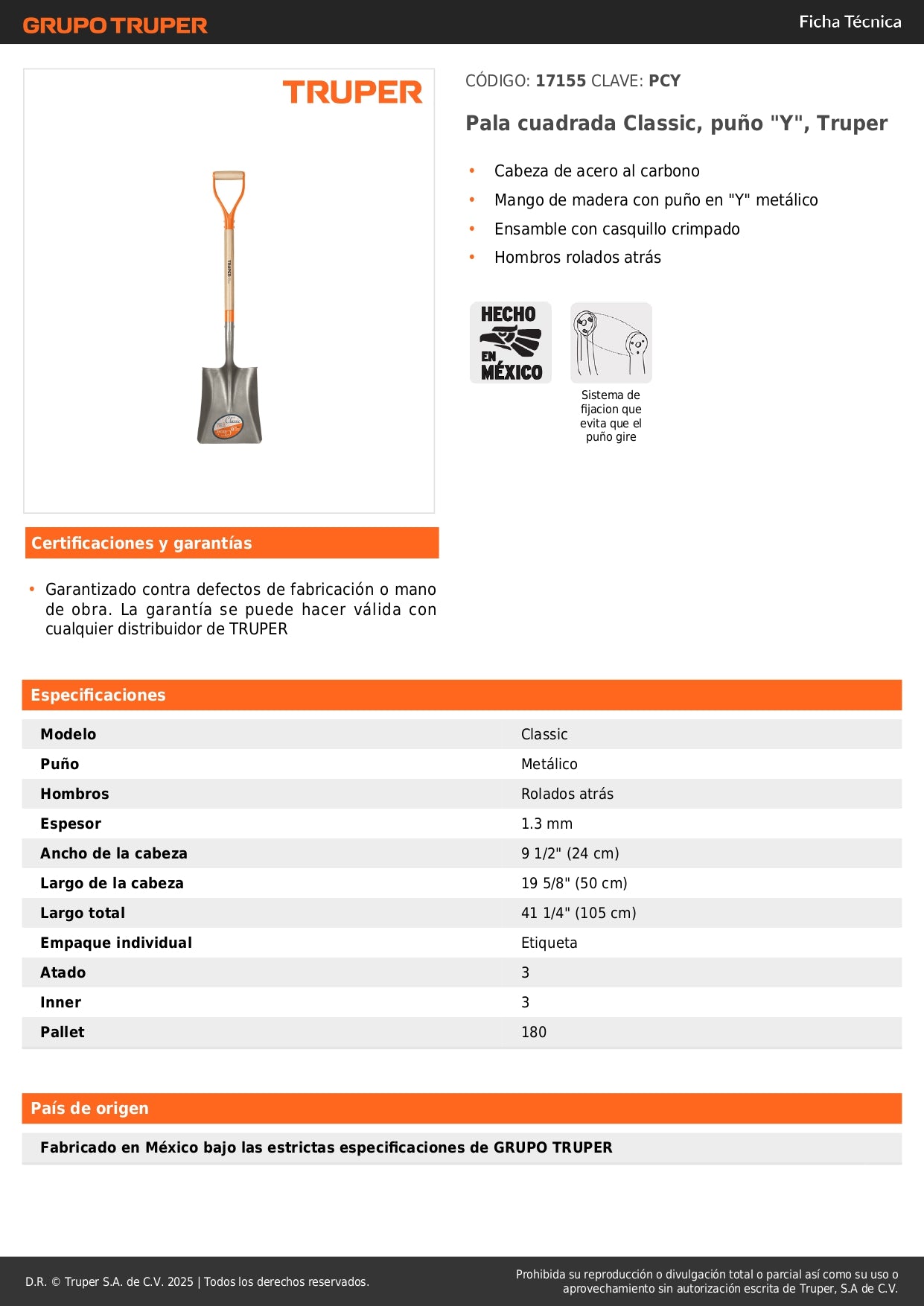 Pala Cuadrada Truper PCY - Acero Carbono Puño Y Metálico - Excavación Profesional Jardín Construcción
