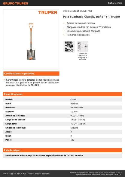 Pala Cuadrada Truper PCY - Acero Carbono Puño Y Metálico - Excavación Profesional Jardín Construcción