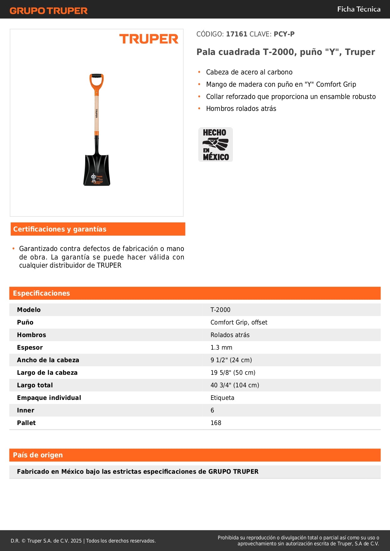 Pala Cuadrada Truper T-2000 Puño Y - Acero Carbono Reforzada para Excavación y Construcción Profesional