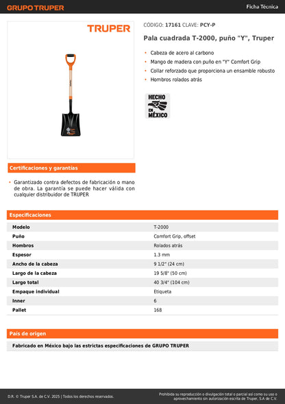 Pala Cuadrada Truper T-2000 Puño Y - Acero Carbono Reforzada para Excavación y Construcción Profesional