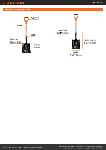 Pala Cuadrada Truper T-2000 Puño Y - Acero Carbono Reforzada para Excavación y Construcción Profesional