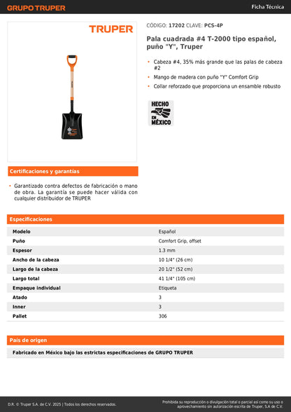 Pala Cuadrada #4 Truper T-2000 Tipo Español con Puño Y Comfort Grip - Cabeza 35% Más Grande para Excavación Profesional y Jardinería - Mango Reforzado de Madera - Modelo PCS-4P