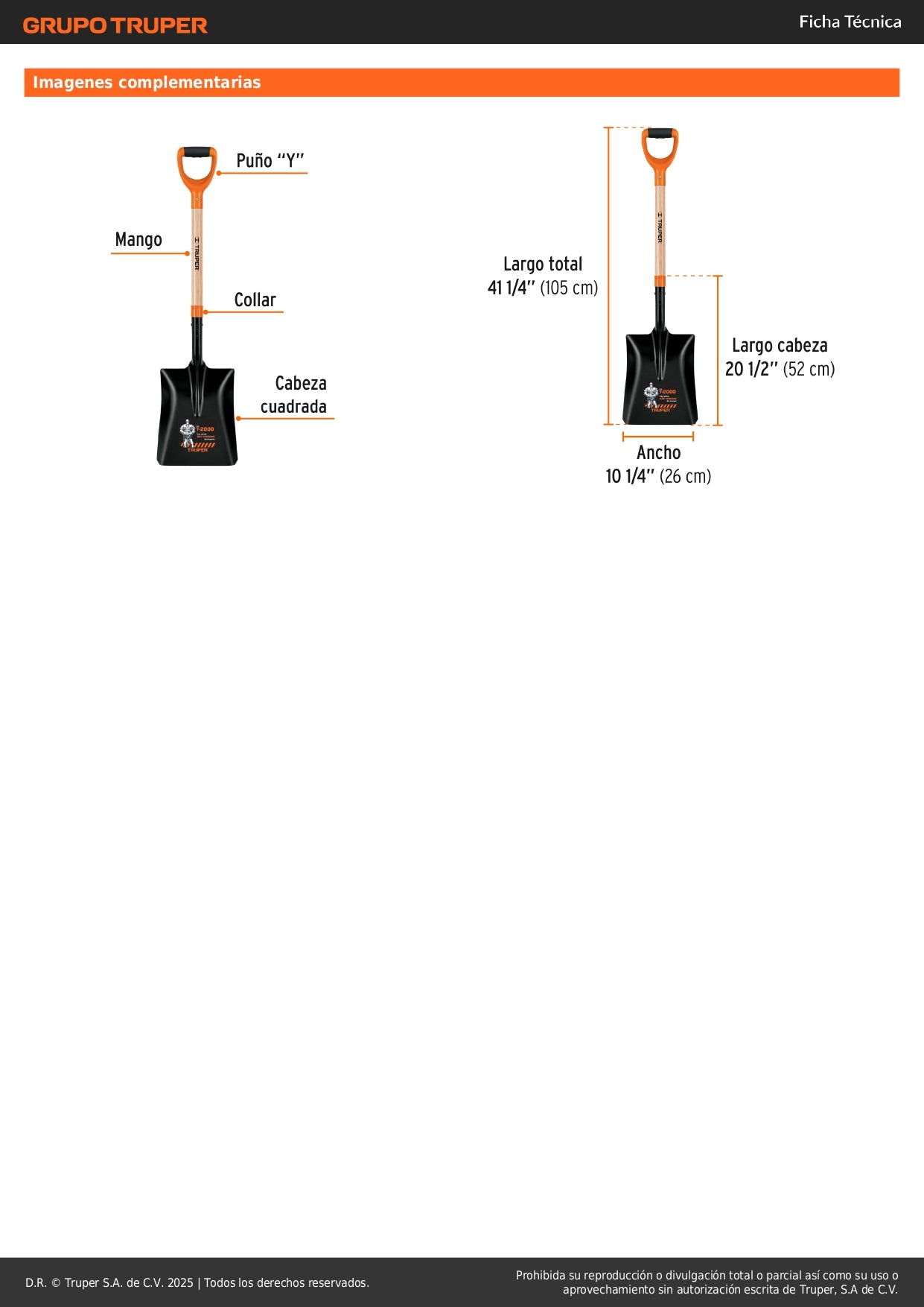 Pala Cuadrada #4 Truper T-2000 Tipo Español con Puño Y Comfort Grip - Cabeza 35% Más Grande para Excavación Profesional y Jardinería - Mango Reforzado de Madera - Modelo PCS-4P
