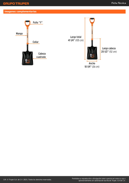 Pala Cuadrada #4 Truper T-2000 Tipo Español con Puño Y Comfort Grip - Cabeza 35% Más Grande para Excavación Profesional y Jardinería - Mango Reforzado de Madera - Modelo PCS-4P