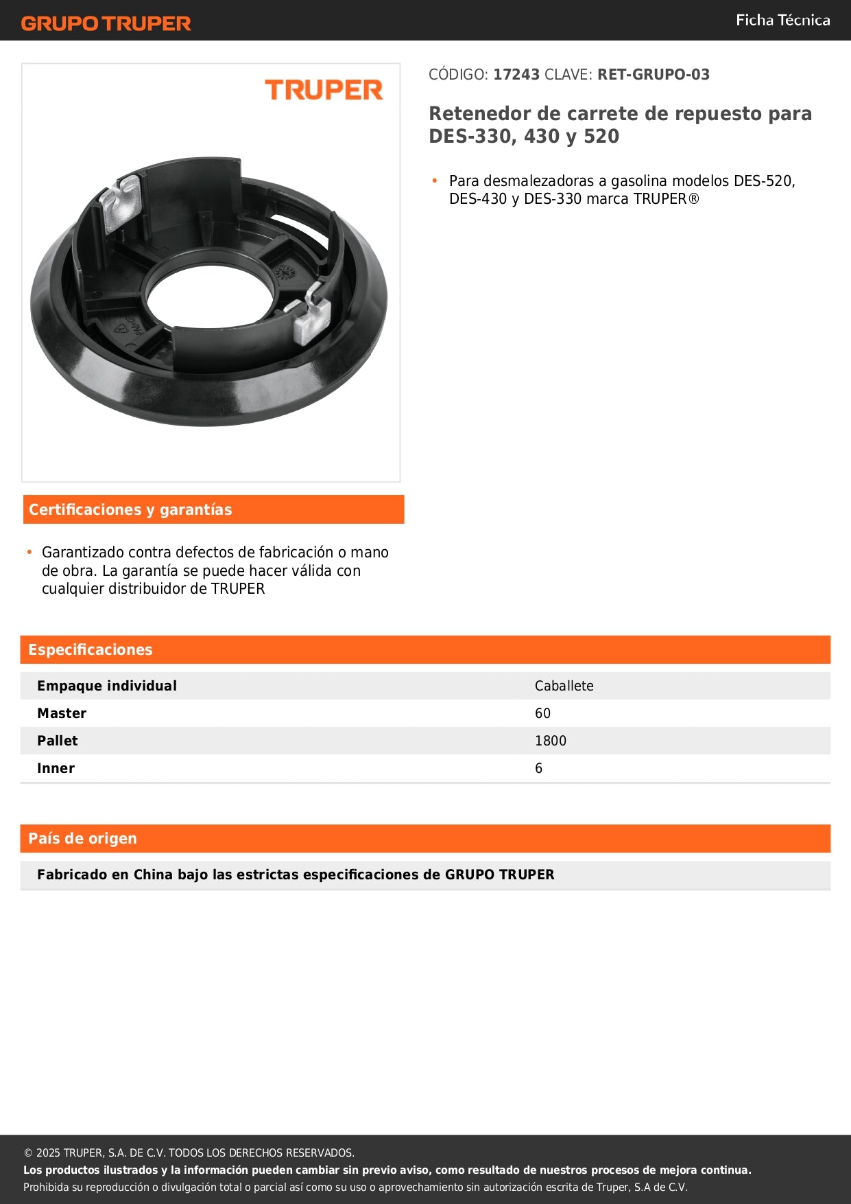 Retenedor de carrete de repuesto para DES-330, 430 y 520