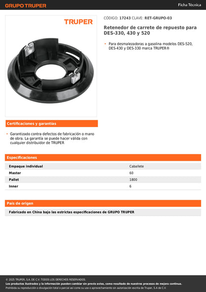 Retenedor de carrete de repuesto para DES-330, 430 y 520