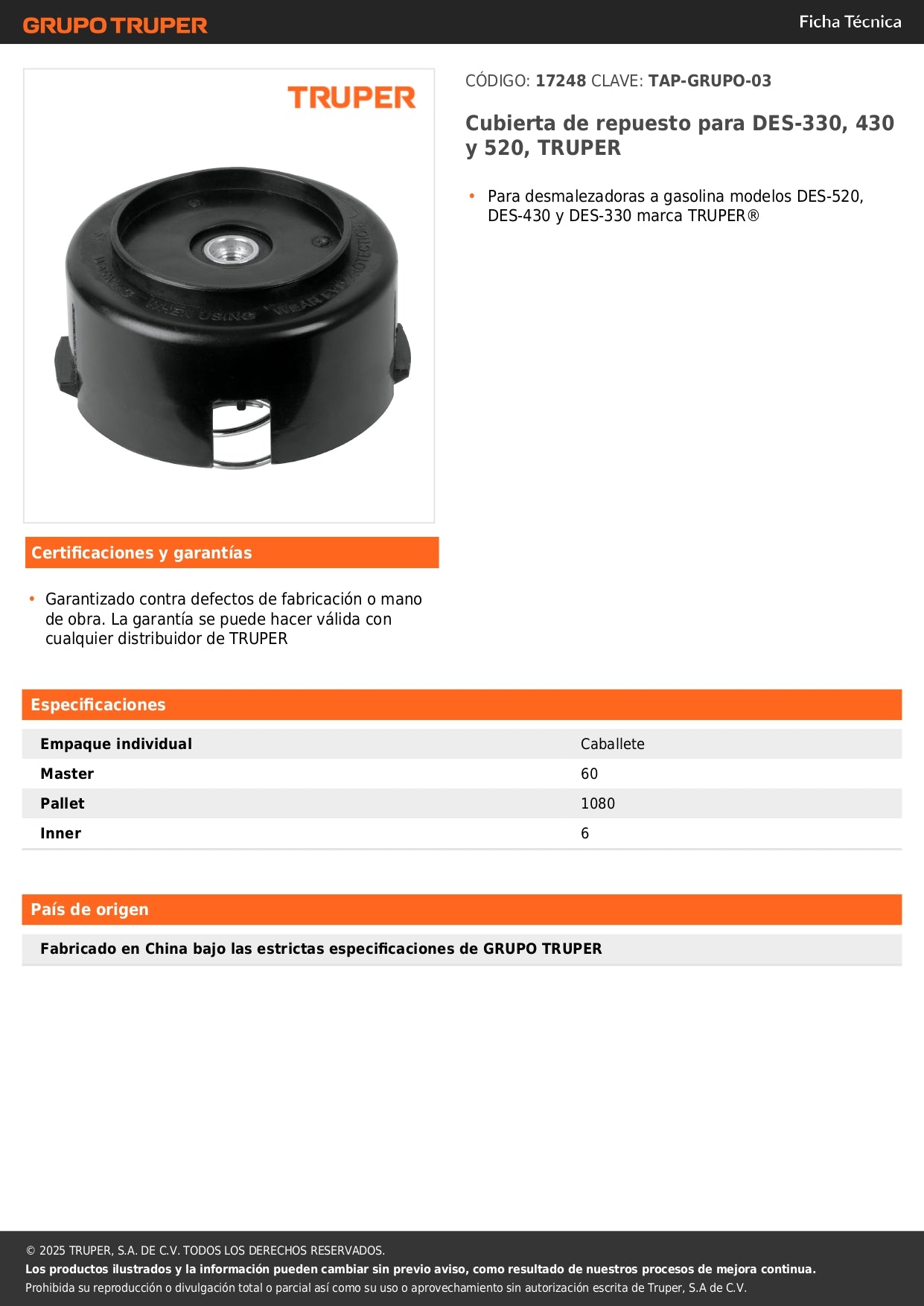 Cubierta de repuesto para DES-330, 430 y 520, TRUPER