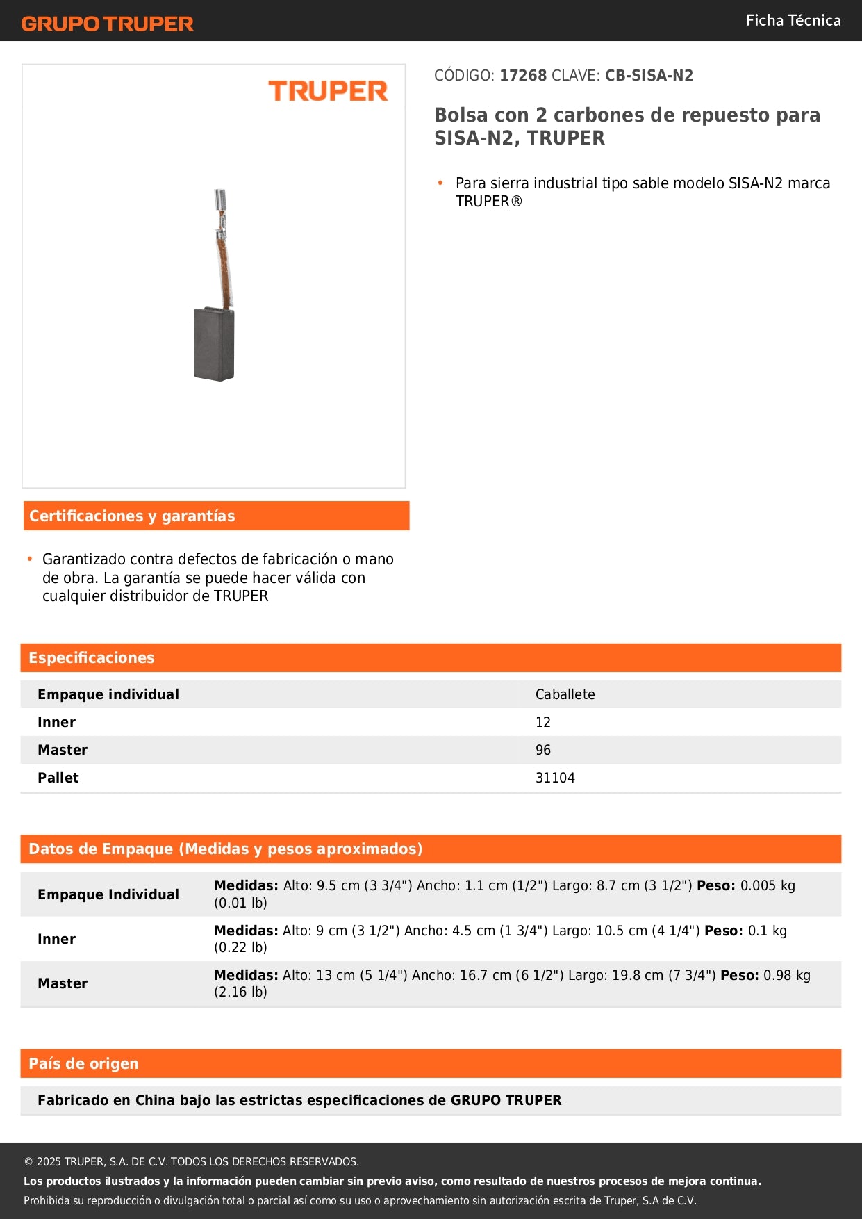 Bolsa con 2 carbones de repuesto para SISA-N2, TRUPER