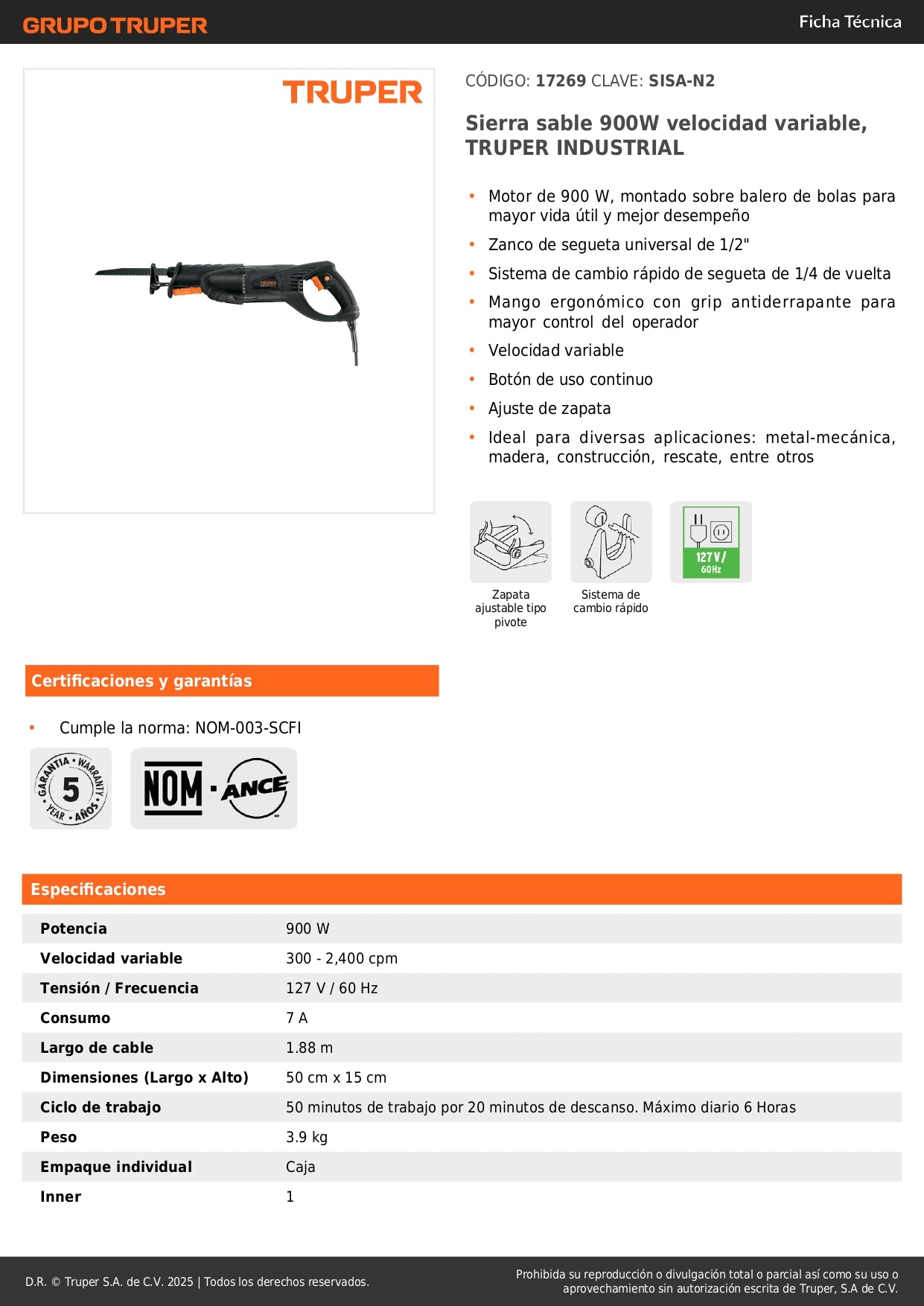 Sierra Sable TRUPER 900W Velocidad Variable SISA-N2 - Solución Profesional para Cortes Precisos en Metal, Madera y Construcción