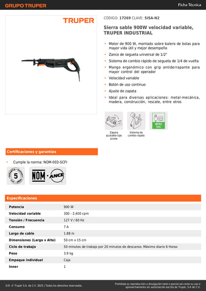 Sierra Sable TRUPER 900W Velocidad Variable SISA-N2 - Solución Profesional para Cortes Precisos en Metal, Madera y Construcción
