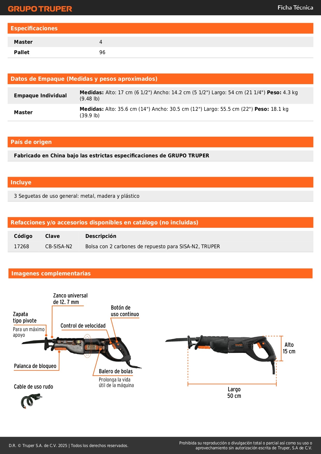 Sierra Sable TRUPER 900W Velocidad Variable SISA-N2 - Solución Profesional para Cortes Precisos en Metal, Madera y Construcción