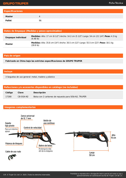Sierra Sable TRUPER 900W Velocidad Variable SISA-N2 - Solución Profesional para Cortes Precisos en Metal, Madera y Construcción