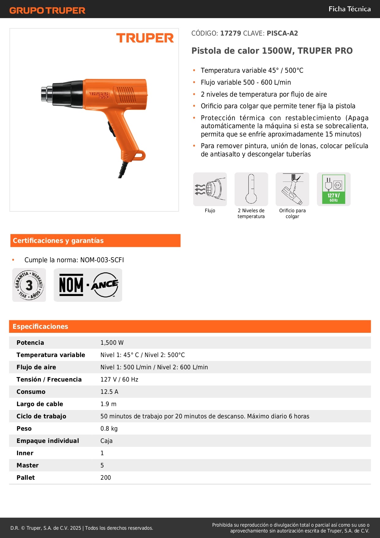 Pistola de Calor Industrial TRUPER PRO 1500W - Temperatura Variable 45-500°C - Solución Profesional para Remover Pintura, Descongelar Tuberías y Trabajos de Calor Controlado - PISCA-A2