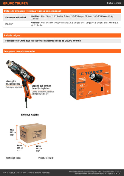 Pistola de Calor Industrial TRUPER PRO 1500W - Temperatura Variable 45-500°C - Solución Profesional para Remover Pintura, Descongelar Tuberías y Trabajos de Calor Controlado - PISCA-A2