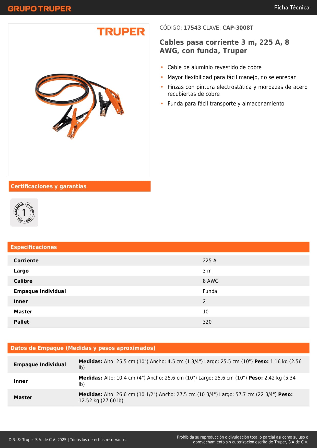 Cables Pasa Corriente Profesionales 3m 225A Truper CAP-3008T - Solución Completa para Arranque de Vehículos con Batería Descargada
