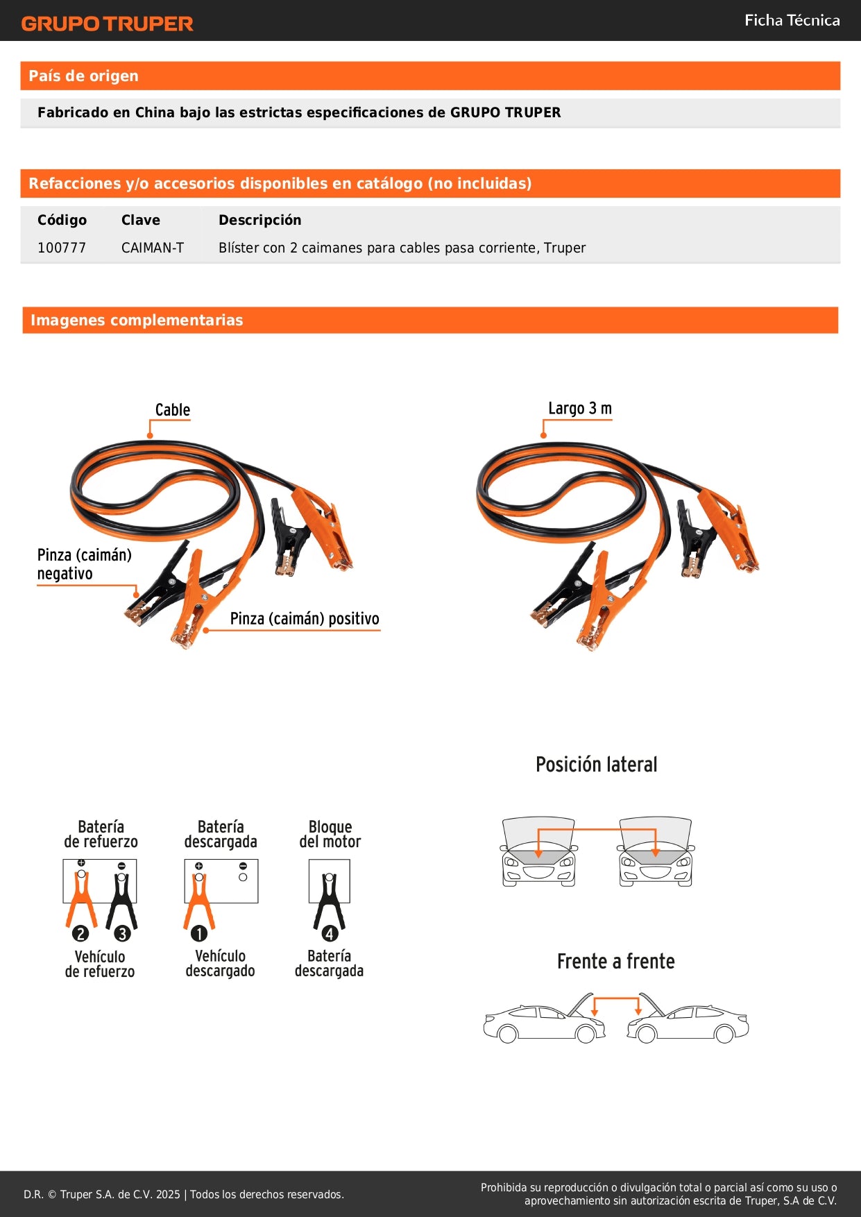 Cables Pasa Corriente Profesionales 3m 225A Truper CAP-3008T - Solución Completa para Arranque de Vehículos con Batería Descargada