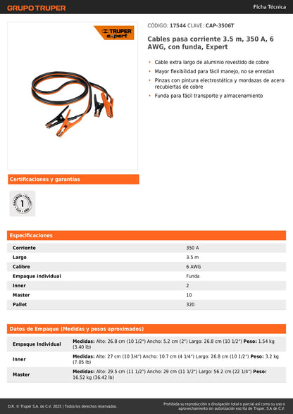 Cables Pasa Corriente 3.5m 350A CAP-3506T Expert - Solución Profesional para Arranque de Vehículos con Batería Descargada - Cable Aluminio Revestido Cobre 6 AWG con Funda