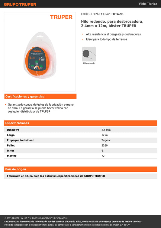 Hilo redondo, para desbrozadora, 2.4mm x 12m, blíster TRUPER