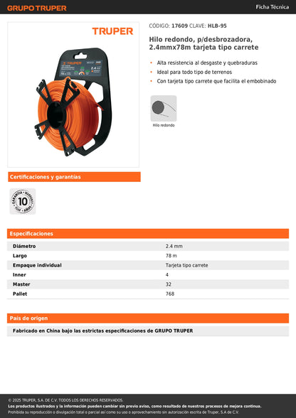 Hilo redondo, p/desbrozadora, 2.4mmx78m tarjeta tipo carrete