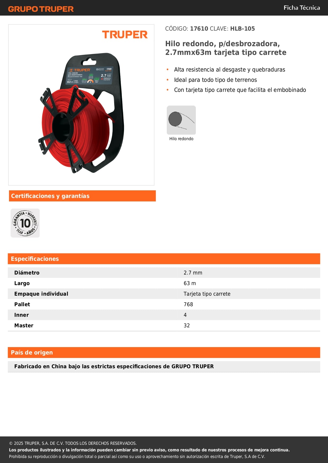 Hilo redondo, p/desbrozadora, 2.7mmx63m tarjeta tipo carrete