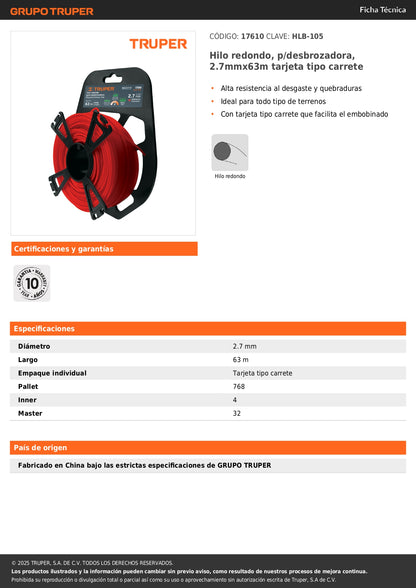 Hilo redondo, p/desbrozadora, 2.7mmx63m tarjeta tipo carrete