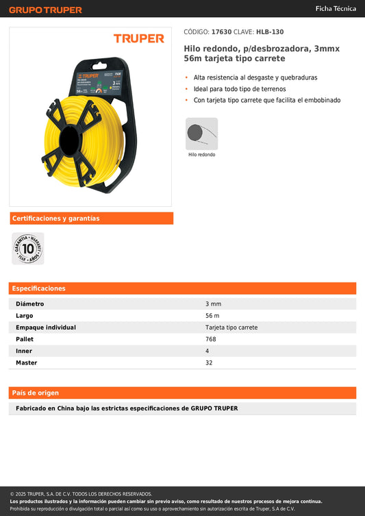 Hilo redondo, p/desbrozadora, 3mmx 56m tarjeta tipo carrete