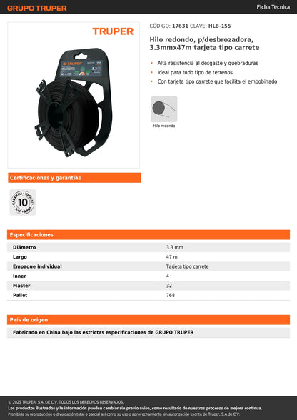 Hilo redondo, p/desbrozadora, 3.3mmx47m tarjeta tipo carrete