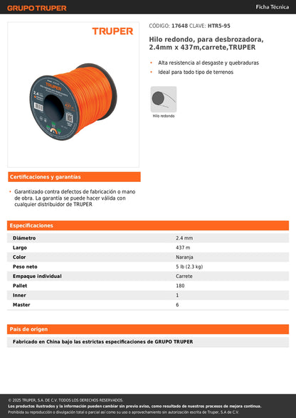 Hilo redondo, para desbrozadora, 2.4mm x 437m,carrete,TRUPER