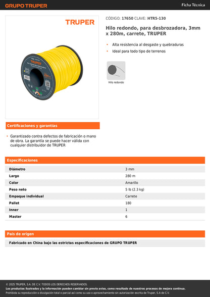 Hilo redondo, para desbrozadora, 3mm x 280m, carrete, TRUPER