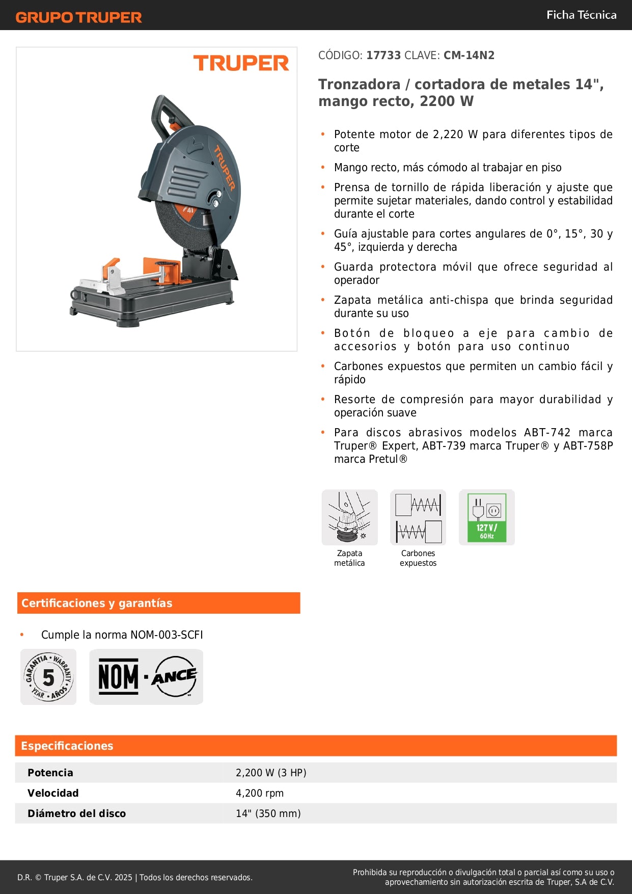Tronzadora Cortadora de Metales 14 Pulgadas CM-14N2 TRUPER 2200W - Corte Preciso Angular Profesional con Mango Recto y Prensa Rápida