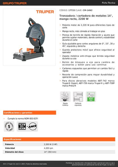 Tronzadora Cortadora de Metales 14 Pulgadas CM-14N2 TRUPER 2200W - Corte Preciso Angular Profesional con Mango Recto y Prensa Rápida