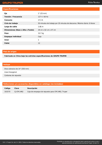 Tronzadora Cortadora de Metales 14 Pulgadas CM-14N2 TRUPER 2200W - Corte Preciso Angular Profesional con Mango Recto y Prensa Rápida