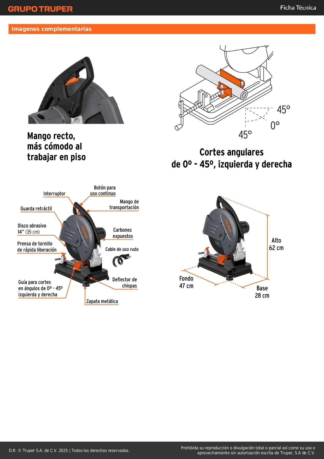 Tronzadora Cortadora de Metales 14 Pulgadas CM-14N2 TRUPER 2200W - Corte Preciso Angular Profesional con Mango Recto y Prensa Rápida