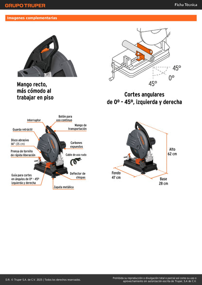 Tronzadora Cortadora de Metales 14 Pulgadas CM-14N2 TRUPER 2200W - Corte Preciso Angular Profesional con Mango Recto y Prensa Rápida