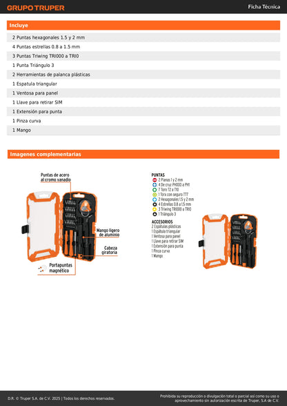Juego de 32 Piezas para Reparación de Electrónicos Truper - Kit Profesional de Destornilladores de Precisión con Puntas Cromo Vanadio - Solución Completa para Dispositivos Inteligentes, Celulares, Tablets y Equipos Electrónicos