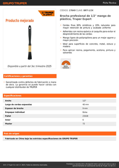 Brocha Profesional Truper Expert 1/2" - Cerdas Sintéticas y Naturales para Pintura Uniforme en Concreto, Metal, Estuco y Madera - BRT-1/2X