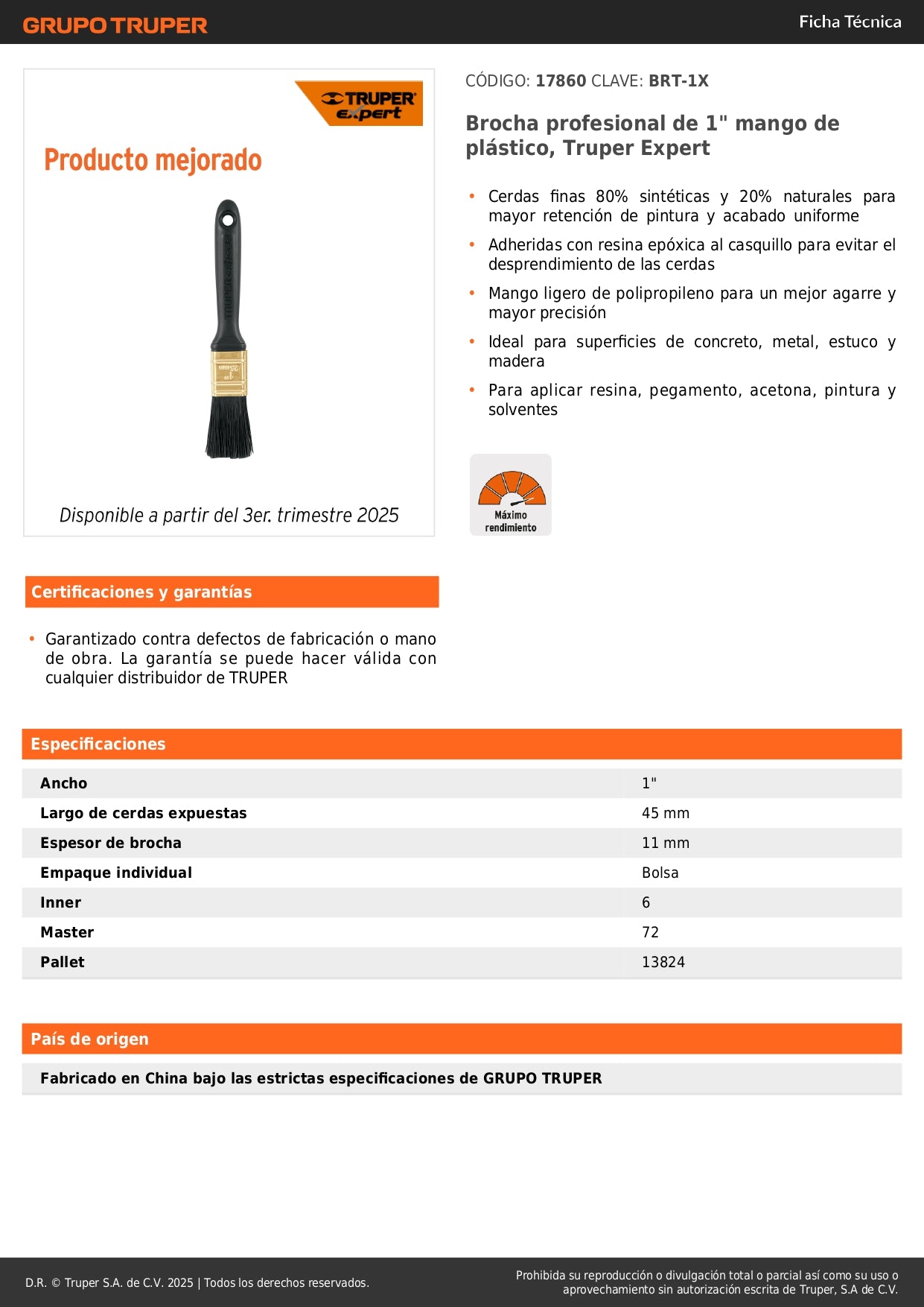 Brocha Profesional 1 Pulgada Truper Expert BRT-1X - Cerdas Sintéticas y Naturales para Pintura Uniforme en Concreto, Metal, Estuco y Madera