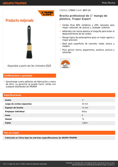 Brocha Profesional 1 Pulgada Truper Expert BRT-1X - Cerdas Sintéticas y Naturales para Pintura Uniforme en Concreto, Metal, Estuco y Madera
