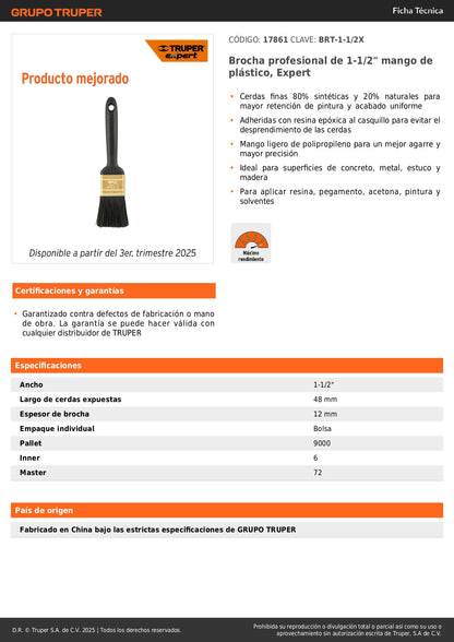 Brocha Profesional Expert 1-1/2" Cerdas Sintéticas Naturales - Pintura Uniforme Concreto Metal Madera - BRT-1-1/2X
