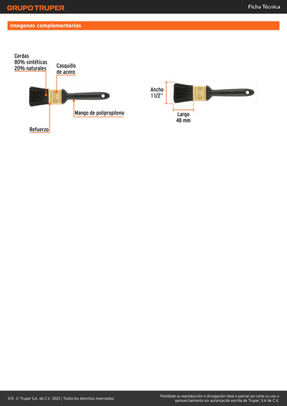 Brocha Profesional Expert 1-1/2" Cerdas Sintéticas Naturales - Pintura Uniforme Concreto Metal Madera - BRT-1-1/2X