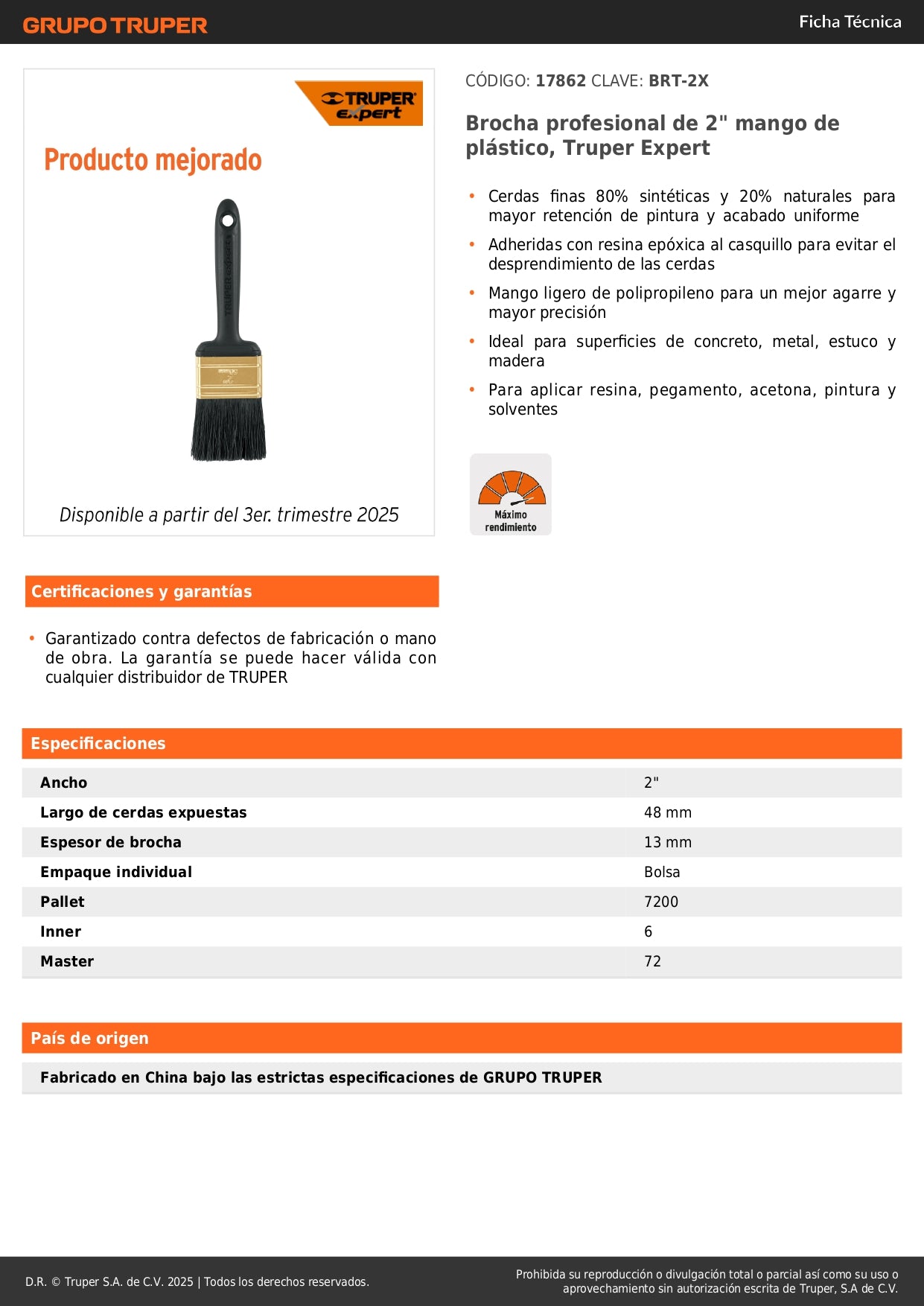 Brocha Profesional 2 Pulgadas Truper Expert BRT-2X - Cerdas Sintéticas y Naturales para Pintura Uniforme en Concreto, Metal, Estuco y Madera