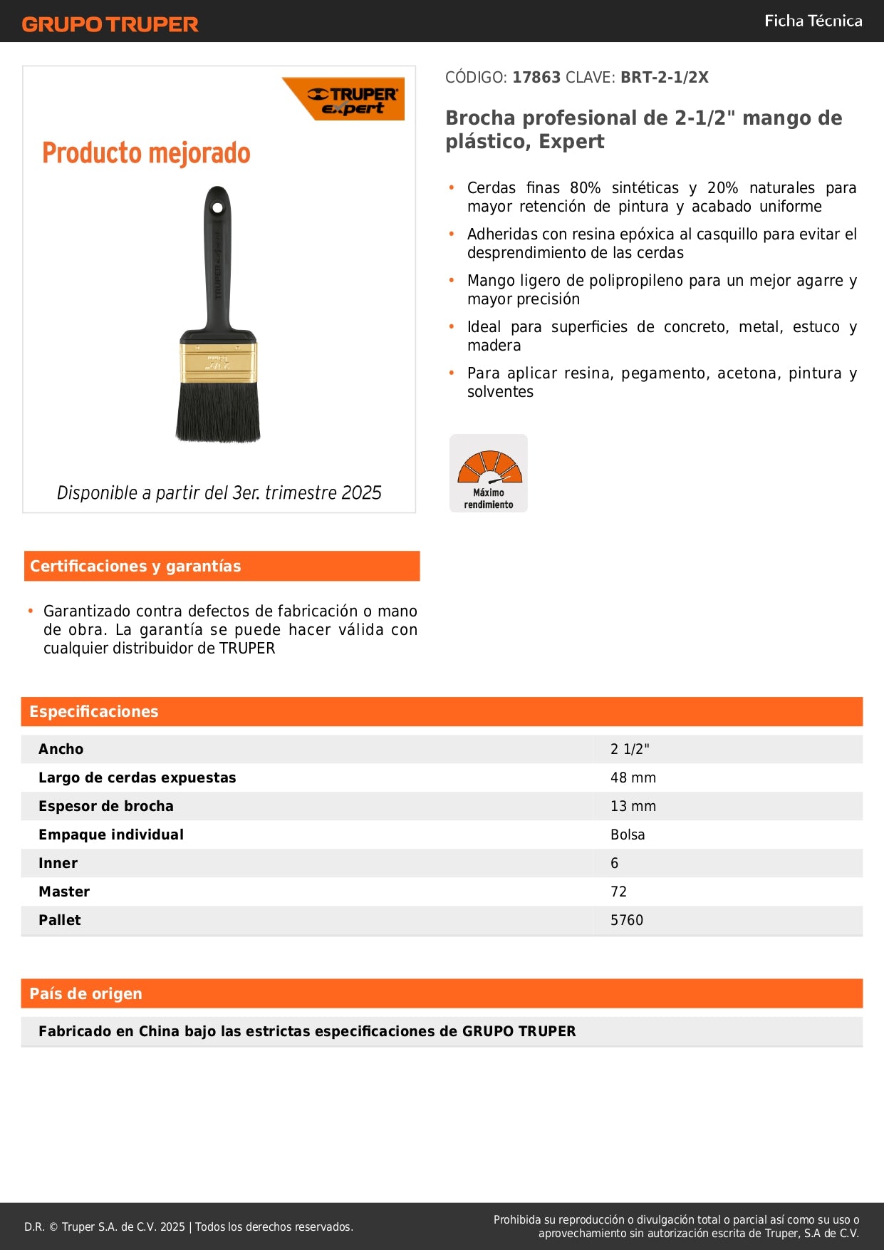 Brocha Profesional Expert 2-1/2" BRT-2-1/2X - Cerdas Sintéticas y Naturales para Pintura Uniforme en Concreto, Metal, Estuco y Madera