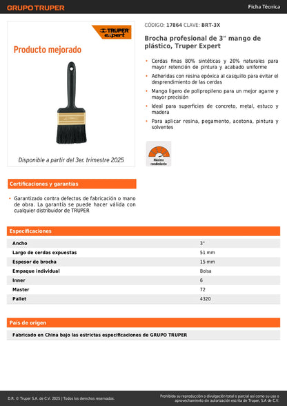 Brocha Profesional 3 Pulgadas BRT-3X Truper Expert - Cerdas Sintéticas y Naturales para Pintura Uniforme en Concreto, Metal, Estuco y Madera