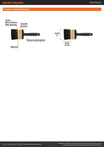 Brocha Profesional 3 Pulgadas BRT-3X Truper Expert - Cerdas Sintéticas y Naturales para Pintura Uniforme en Concreto, Metal, Estuco y Madera
