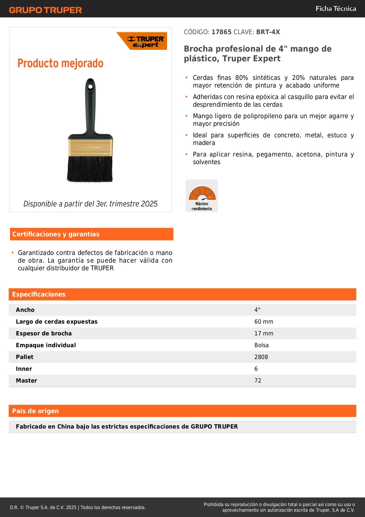 Brocha Profesional 4 Pulgadas BRT-4X Truper Expert - Cerdas Sintéticas y Naturales para Pintura Uniforme en Concreto, Metal, Estuco y Madera - Mango Ergonómico Antideslizante