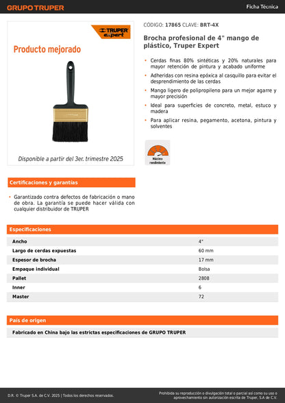Brocha Profesional 4 Pulgadas BRT-4X Truper Expert - Cerdas Sintéticas y Naturales para Pintura Uniforme en Concreto, Metal, Estuco y Madera - Mango Ergonómico Antideslizante