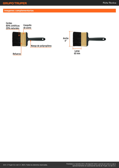 Brocha Profesional 4 Pulgadas BRT-4X Truper Expert - Cerdas Sintéticas y Naturales para Pintura Uniforme en Concreto, Metal, Estuco y Madera - Mango Ergonómico Antideslizante